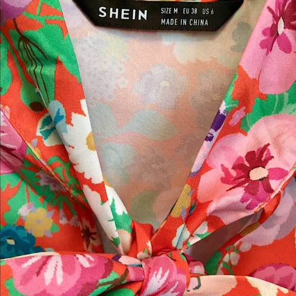 🌸NWOT Orange Floral Silk Bow Tie Ruffle Top (M)🌸 - Picture 7 of 14